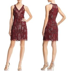 AIDAN MATTOX Beaded Fringe Sequined Tulle V-Neck Sleeveless‎ Scallop Hem Dress 2